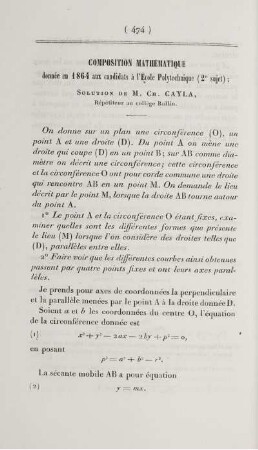 Composition mathématique donnée en 1864 aux candidats à l'école polytechnique (2e sujet).