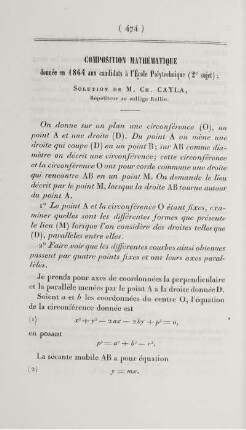 Composition mathématique donnée en 1864 aux candidats à l'école polytechnique (2e sujet).