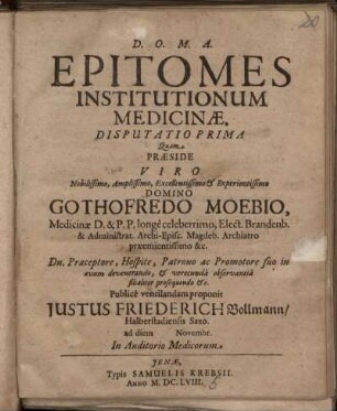 Epitomes Institutionum Medicinae. Disputatio Prima
