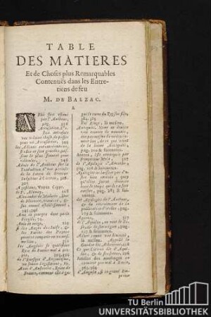 Table Des Matieres Et de Choses plus Remarquables Conenues dans les Entretiens de feu M. De Balzac.