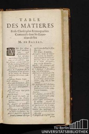 Table Des Matieres Et de Choses plus Remarquables Conenues dans les Entretiens de feu M. De Balzac.