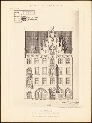 Wohnhaus: Grundriss, Ansicht (aus: Architekton. Studien. Entworfen v. Studierenden der Königl. Techn. Hochschule Berlin, hrsg.v. Akad. Architektenverein Berlin, 1. Jg. H.1, 1898)