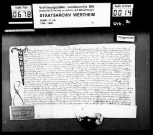 Karins Krieck genannt Linglin von Löwenstein (Lewenstain), und Elisabeth, dessen Ehefrau, verkaufen an Graf Ludwig zu Löwenstein, Herrn zu Scharfeneck (Scharpfeneck), ihr Haus zu Löwenstein um 50 Gulden.