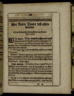 Der Ander Punct deß ersten Artickels. Ob die Calvinisten schimpflich von Gottes Wort reden?