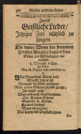 Zwölff Geistliche Lieder/ Jetziger Zeit nützlich zu singen.