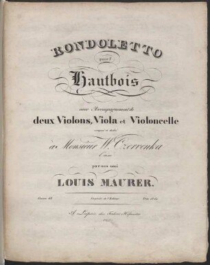 Rondoletto pour l'hautbois avec accompagnement de deux violons, viola et violoncelle : oeuvre 43