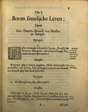 Eent samen-spraack, tusschen meester en discipel, van't Boven Synnelyche Leven : beschreven ao. 1624