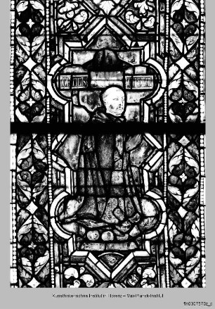 Fenster B-XIII-XV : Fenster XIV (Mitte) : Der heilige Papst Martin I. segnet den Stifter Kardinal Gentile da Montefiore
