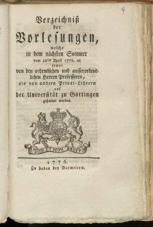 SS 1776: Verzeichnis der Vorlesungen // Georg-August-Universität Göttingen