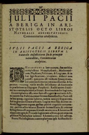 Julii Pacii A Beriga In Aristotelis Octo Libros Naturalis Auscultationis Commentarius analyticus.