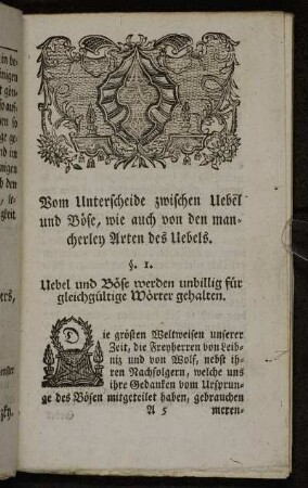 Vom Unterschiede zwischen Uebel und Böse, wie auch von den mancherley Arten des Uebels.