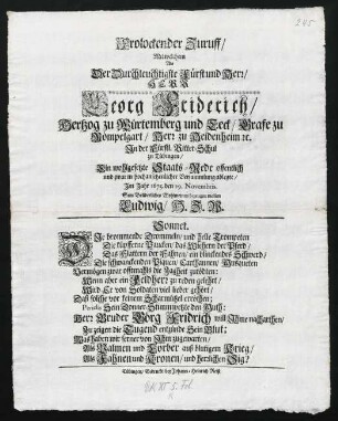 Frolockender Zuruff, Mit welchem Als Der Durchleuchtigste Fürst und Herr, Herr Georg Friderich, Hertzog zu Würtemberg und Teck ... Ein wohlgesetzte Staats-Rede ... ablegte