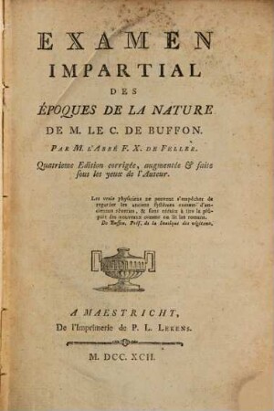 Examen Impartial Des Époques De La Nature De M. Le C. De Buffon