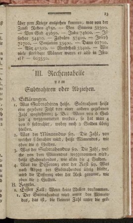 III. Rechentabelle vom Subtrahiren oder Abziehen.
