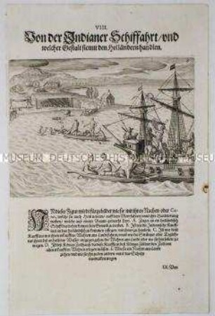 Von der Schiffahrt der Indianer und wie sie mit den Holländern Handel treiben - Tafel 28 aus de Bry, India II