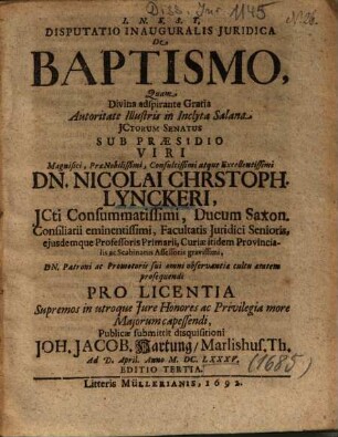 Disputatio Inauguralis Juridica De Baptismo