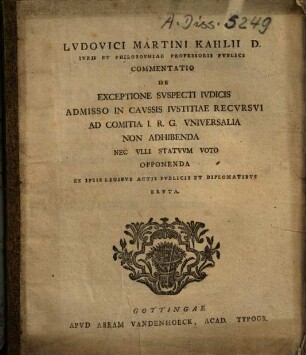 Commentatio de exceptione suspecti iudicis admisso in caussis iustitiae recursui ad comitia I.R.G. universalia non adhibenda nec ulli statuum voto opponenda