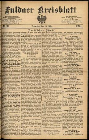 Erste Ausgabe vom Donnerstag, den 10. März 1892.