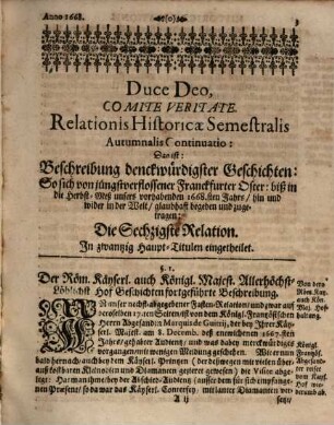 Relationis historicae semestralis continuatio : Jacobi Franci historische Beschreibung der denckwürdigsten Geschichten ..., 1668