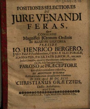 Positiones Selectiores De Iure Venandi Feras