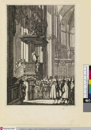 [Kanzel von links in dreiviertel Ansicht gesehen mit einem Pastor und Männern auf der Treppe; Chaire sur la gauche, de trois quarts à droit]