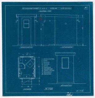 Tankstellen der Reichskraftsprit GmbH, Berlin: Grundriss, Vorderansicht, Seitenansicht, Rückansicht Wärterhaus kleiner Typ 1:20