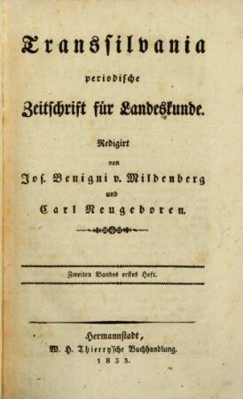 Transsilvania : periodische Zeitschrift für Landeskunde, 2. 1833