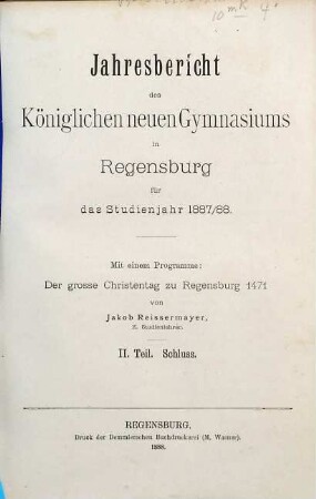 Jahresbericht : für das Schuljahr .... 1887/88