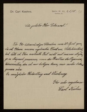 51: Brief von Carl Koehne an Otto von Gierke, Berlin, 2.5.1908