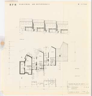 Grünflächen an der Wohnanlage des SFB Am Rupenhorn 4, Berlin-Westend: Hausreihe C: Ostansicht, Grundriss 1:100 (Zeichnung des Architekten)