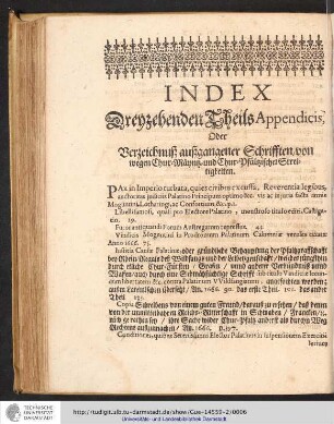 Index Dreyzehenden Theils Appendicis