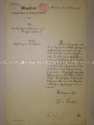 Kopie eines handschriftlichen Rundschreibens des Magistrats von München zur Regelung von Geldeinzahlung an Kassen