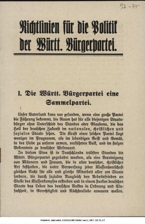 Richtlinien für die Politik der Württembergischen Bürgerpartei