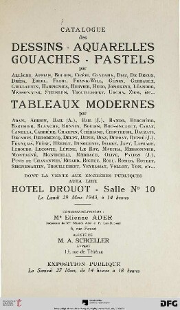 Catalogue des dessins, aquarelles, gouaches, pastels par Allègre, ..., tableaux modernes par Adan, ... : 29 mars 1943
