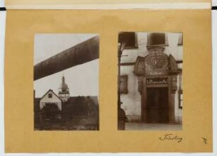 Kirche, Friedberg. Rathaus, Friedberg: Ansicht Kirche, Ansicht Portal Rathaus (aus: Skizzen- und Fotoalbum 23)
