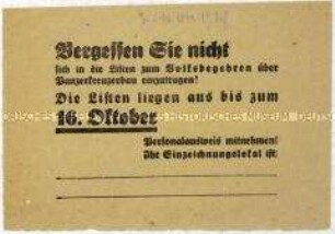 Aufruf zur Teilnahme am Volksbegehren gegen den Panzerkreuzerbau