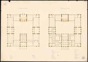 Gebäude für die Vereinigten Großherzoglichen Sammlungen (Kunst, Münzen, Bibliothek, Naturwissenschaften), Karlsruhe: Grundrisse 1. und 2. OG