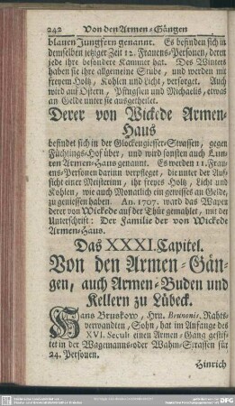 Das XXXI. Capitel. Von den Armen-Gängen, auch Armen-Buden und Kellern zu Lübeck