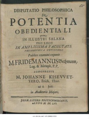 Disputatio Philosophica De Potentia Obedientiali