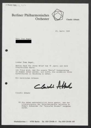 Brief an Ivan Nagel, 23.04.1994