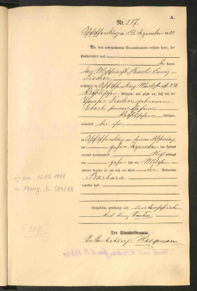 Standesamtsbuch der Stadt Aschaffenburg: Geburten 365/1900 - 184/1901
