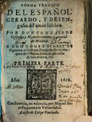 Poema Tragico Del Español Gerardo, Y Desengaño del amor lasciuo, 1
