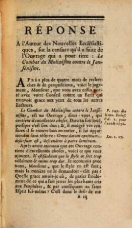 Réponse à l'auteur des nouvelles ecclesiastiques