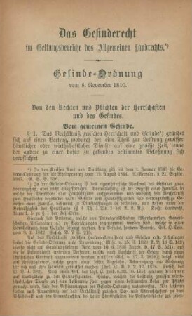 Gesinde-Ordnung vom 8. November 1810. Von den Rechten und Pflichten der Herrschaften und des Gesindes