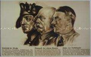 Postkarte mit Porträts von Friedrich II., Bismarck und Hitler