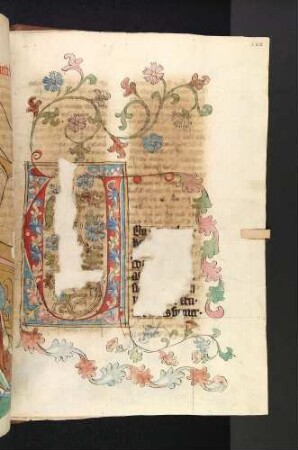 V-Initiale, ursprünglich mit zwei Drachen und Rankenwerk im Buchstabeninnern