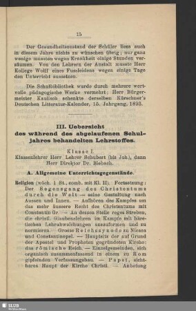 III. Uebersicht des während des abgelaufenen Schuljahres behandelten Lehrstoffes