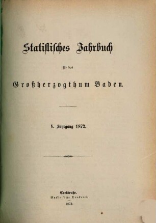 Statistisches Jahrbuch für das Land Baden. 5. 1872 (1874)