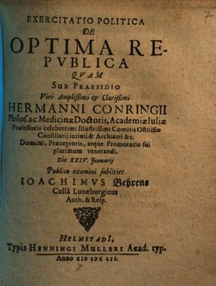 Exercitatio Politica De Optima Repvblica