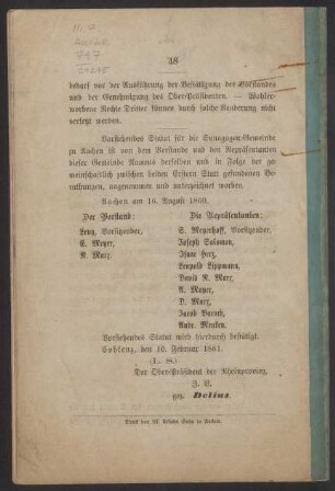 Bestätigung durch den Oberpräsidenten der Rheinprovinz